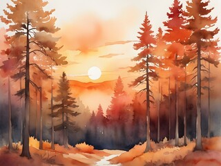 Watercolor Autumn Forest – Sunset Landscape with Golden Trees and Winding Path