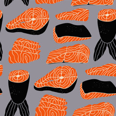 Sliced tasty fresh Salmon. Raw fillet on skin, red fish pieces, sashimi slices, steak, tail. Hand drawn trendy Vector illustration. Unique modern style. Healthy food concept. Square seamless Pattern