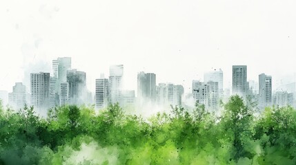 Serene Cityscape Watercolor Painting with Lush Green Foliage