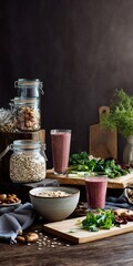 A wholesome breakfast spread featuring a plate of fresh bread topped with scrambled eggs, accompanied by pineapple chunks and a refreshing glass of orange juice. In the background, vibrant fruits like
