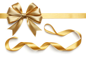 A golden ribbon with a bow and two loose ribbon strands on a white background in a flat lay style