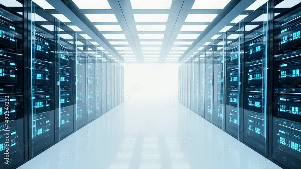 Poster modern server room rows of data servers in a bright corridor