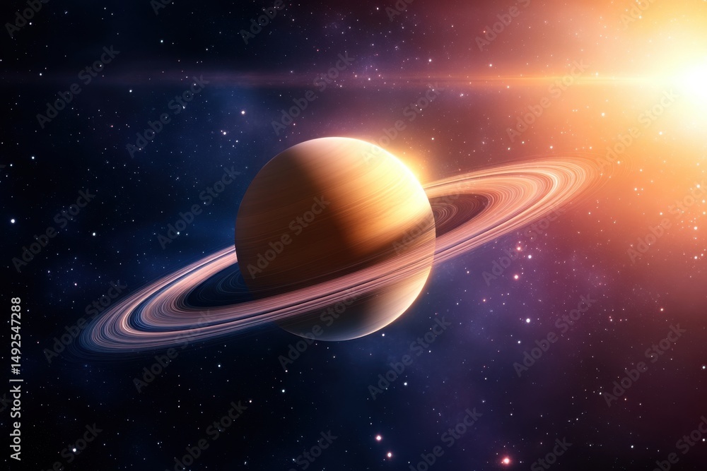 Poster saturn planet with rings in deep space exploration with sun flare and stars in the background astron