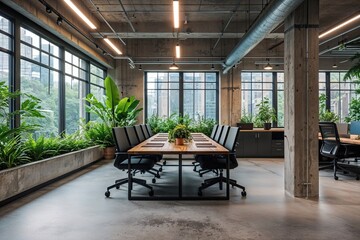 Industrial Style Compact Office Space Surrounded by Lush Greenery