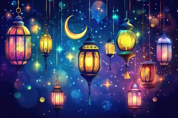 Colorful hanging lanterns against a starry night sky.