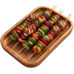 Grilled chicken and vegetable skewers on wood tray on transparent background