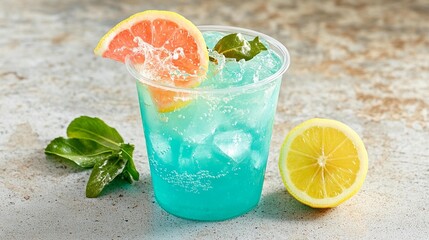 Fototapeta premium Refreshing blue summer drink with grapefruit and mint garnish
