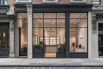 Stylish Chic Urban Retail Office Front Design with Stripped Building Architecture and Authentic Compositions