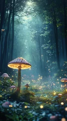 Fototapete A fantasy forest scene with glowing mushrooms and soft light in a mystical atmosphere. © amelisk