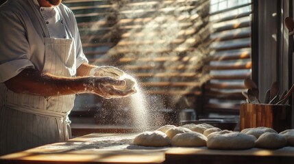 A baker kneading dough with flour in the air, illuminated by warm window light.