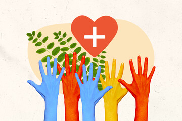 Sketch composite 3D photo collage trend artwork of colored skin red blue yellow heart donation giving kindness foundation society support