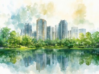 Fototapeta premium Serene Watercolor Cityscape Reflected in Calm Water