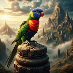 Rainbow lorikeet  with a fantasy background ~ Ai