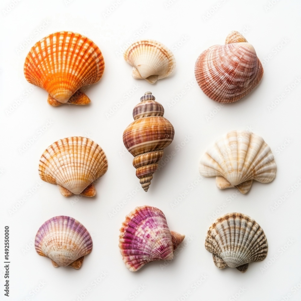 Aufkleber assorted seashells displayed on white backdrop overhead flat lay shells in various shapes and colors