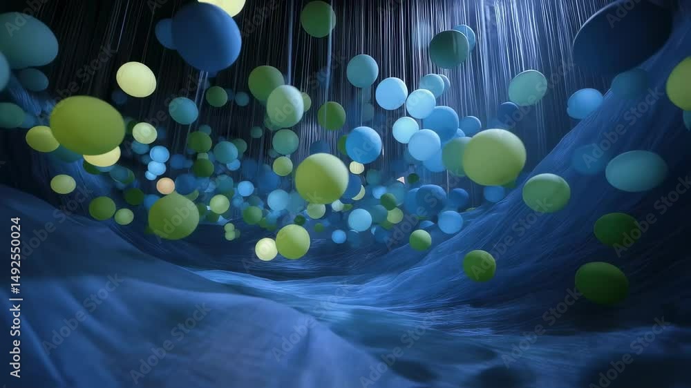 Poster vibrant balloons softly descending onto deep blue drapes, generating mesmerizing dreamlike visual wi