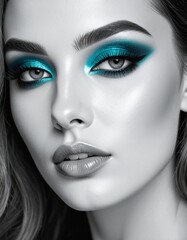 black and white image of a woman with vibrant teal eyeshadow, partial desaturation scene, partial desaturation style, black and white, sophisticated, atmospheric, highly detailed, highly textured