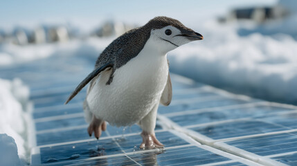 Naklejka premium Antarctic Wanderer: A charming penguin confidently struts across a textured, icy surface in the Antarctic, a testament to its resilient spirit.