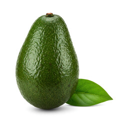 Fresh green avocado with a single leaf on a white background showcasing its smooth texture and vibrant color