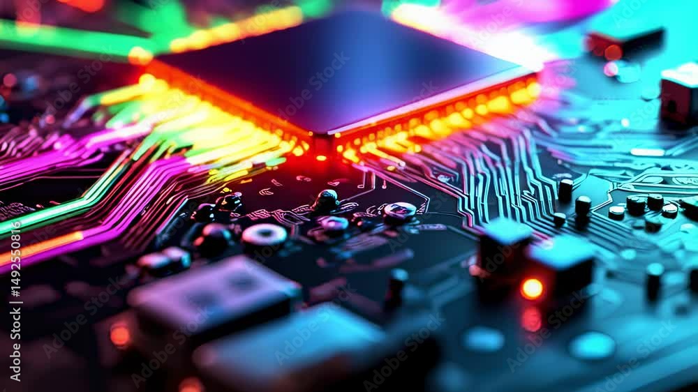 Poster Close-up view of a illuminated CPU on a circuit board