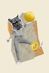 Pop surreal collage of person having cat face jumping on yellow background with flying coin