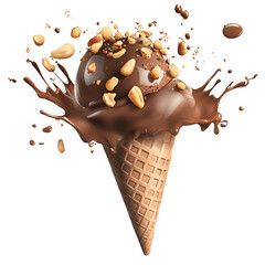 A chocolate ice cream cone with peanuts and splash on transparent background