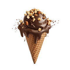 A chocolate ice cream cone with nuts on a blackground on transparent background