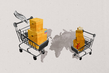 Exclusive creative collage of two cart loaded box shipment problem economic conflict america vs...