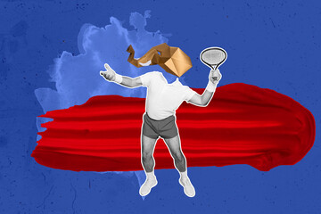 Creative full artwork collage of anonym man instead head elephant mask push ball tennis racket...