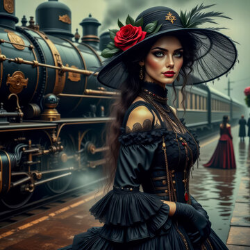 Beautiful woman getting off a steam train , Retro imagery  AI
