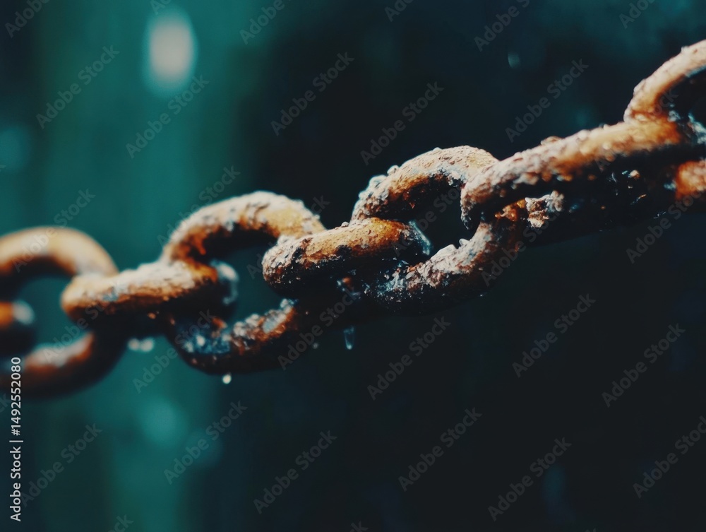 Poster close up of a rusty chain with water droplets in a dark environment; macro shot of weathered metal l