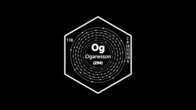 oganesson chemical element periodic table on background.animated periodic table.Shows name, atomic weight and element number.