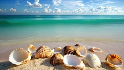 seashells scattered on sandy beach with ocean wave washing ashore; blue sky with cumulus clouds - Powered by Adobe