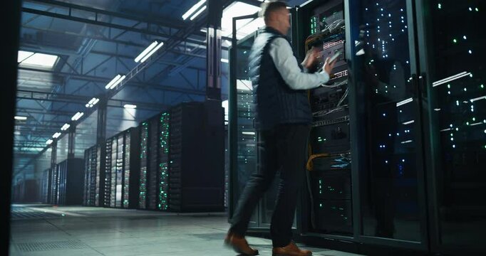 Timelapse Footage of Diverse Female and Male IT Professionals Working in a Technological Data Center Facility for AI Machine Learning. Specialists Using Computers, Walking, Installing Hardware