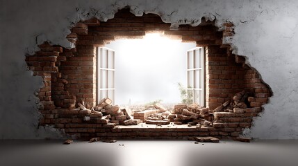 Destruction and renewal broken wall window view abandoned building digital art interior environment light perspective
