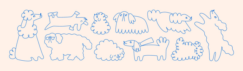 Cute doodle-style dogs set. Hand-drawn puppy sketches, creative fluffy outlines, funny whimsical line-art. Furry canine animals, freehand contoured scribbles. Isolated flat vector illustrations © Good Studio