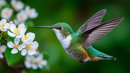 Obraz premium Hummingbird in mid-flight approaching white blossoms in lush spring garden