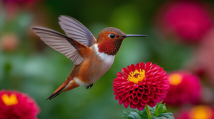 Fototapeta premium Vibrant hummingbird hovering near red dahlia flower in colorful garden setting