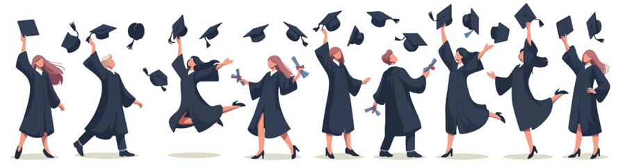 Vector set of graduates illustration celebrating graduation happily