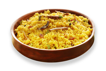 Spicy & hot Yellow Rice  with dry fish, green chilly garnish with a white BG