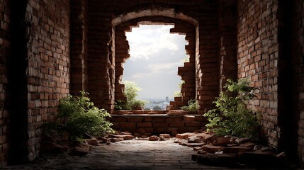 Exploring abandoned architecture ruined brick wall urban landscape photography overgrown nature dramatic perspective nostalgic concept