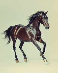 Fototapeta premium Elegant Dark Bay Horse Galloping in Studio Setting Full Body Shot Equine Beauty in Motion Athleticism and Grace Isolated on Light Background