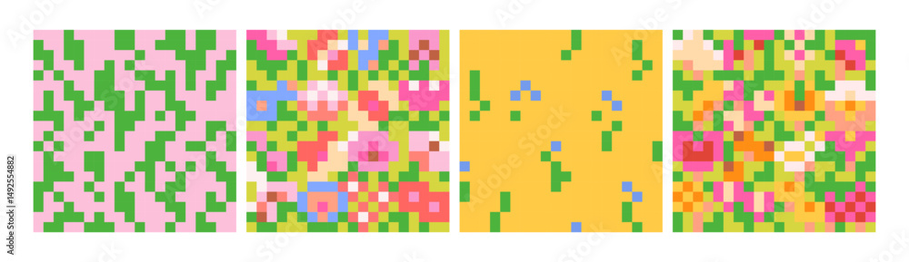 Poster 8-bit pixel art patterns, seamless designs set. Retro 8bit digital backgrounds with colorful squares, pixelart. Endless abstract print, texture for textile, wrapping. Colored flat vector illustration