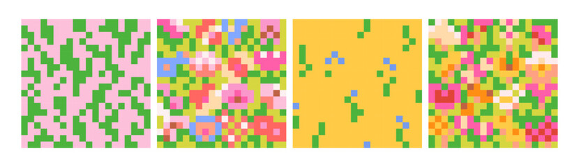 8-bit pixel art patterns, seamless designs set. Retro 8bit digital backgrounds with colorful squares, pixelart. Endless abstract print, texture for textile, wrapping. Colored flat vector illustration