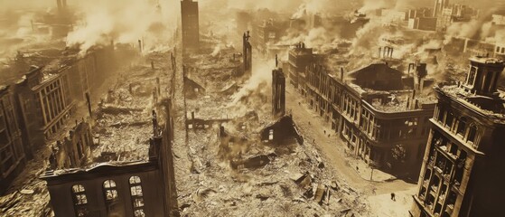 Devastation of San Francisco Earthquake and Fire of 1906, Aerial View, Historic Disaster, Vintage Sepia Tone, Urban Ruins