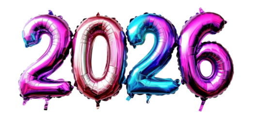 2026 in the shape of balloons in purple and blue colors