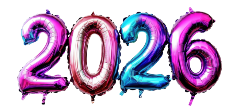 2026 in the shape of balloons in purple and blue colors