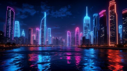 Obraz premium Vibrant neon cityscape in futuristic urban nightscape