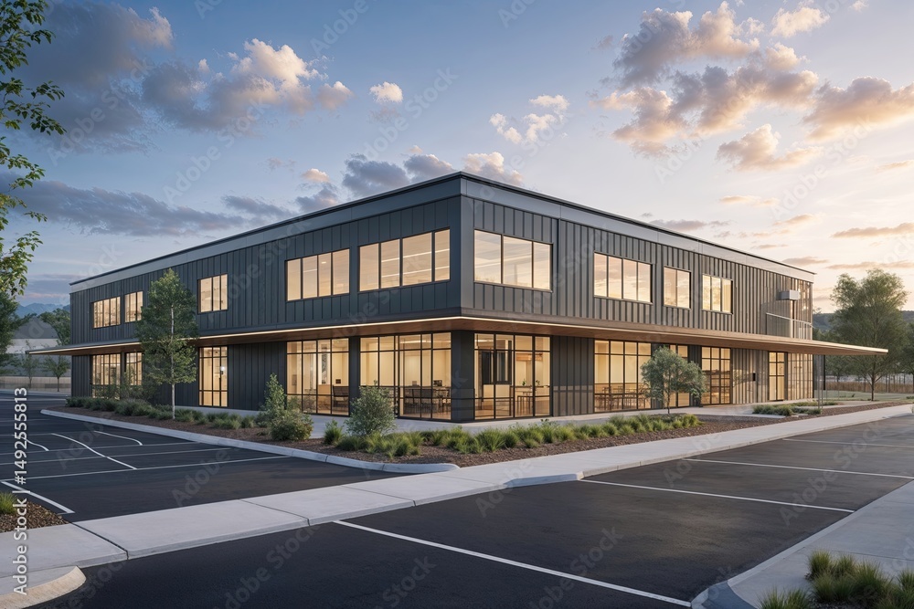 Poster modern distribution center design with efficient office space and innovative architecture