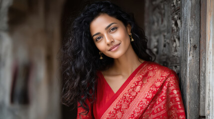 Fototapeta premium young beautiful woman in red saree