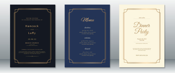 Luxury wedding invitation set with a navy, black, and ivory color palette, enhanced by a minimalist double gold line frame. Includes wedding invitation, dinner party card, and menu template.  